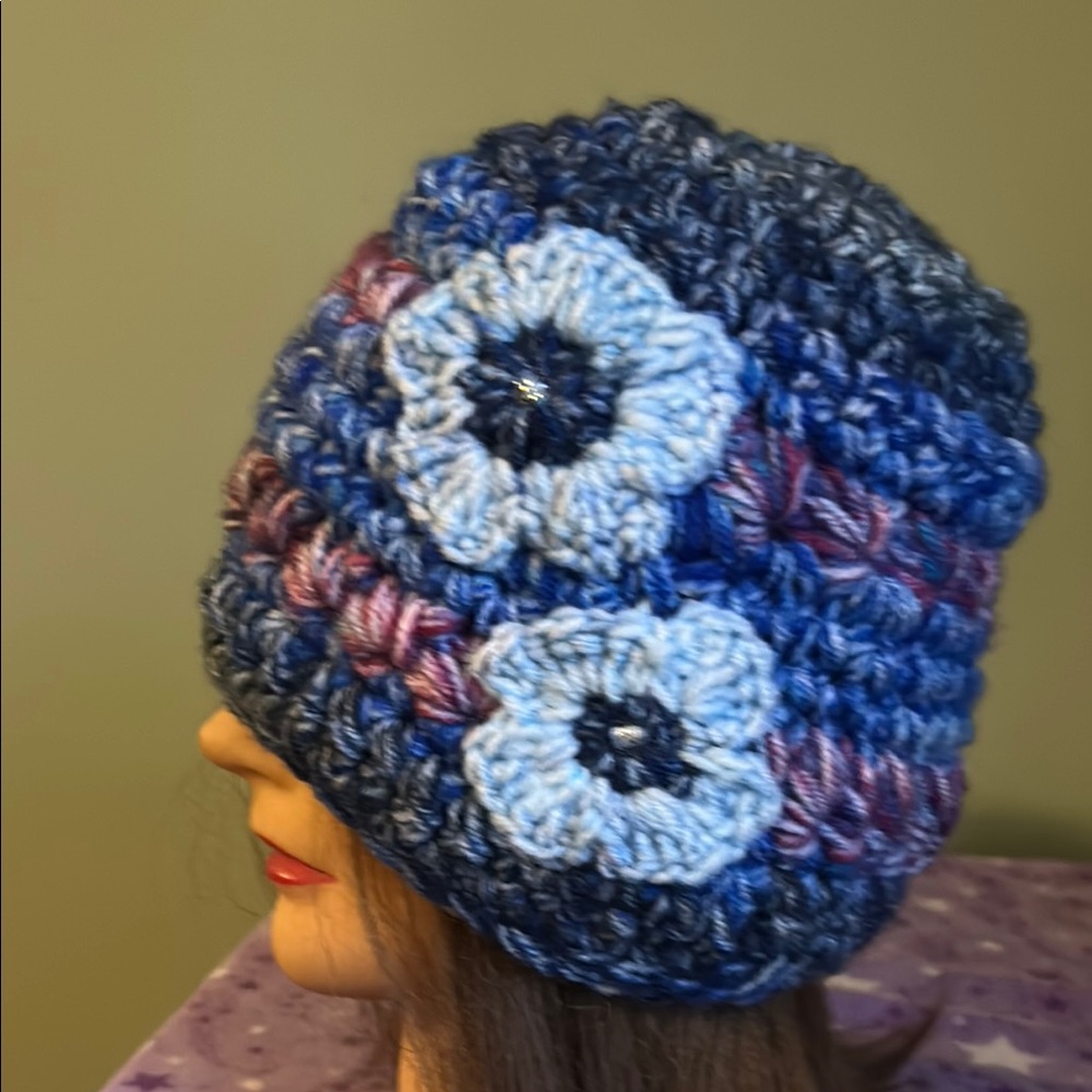 Elegant Blue Crochet Beanie medium soft acrylic yarn new only one